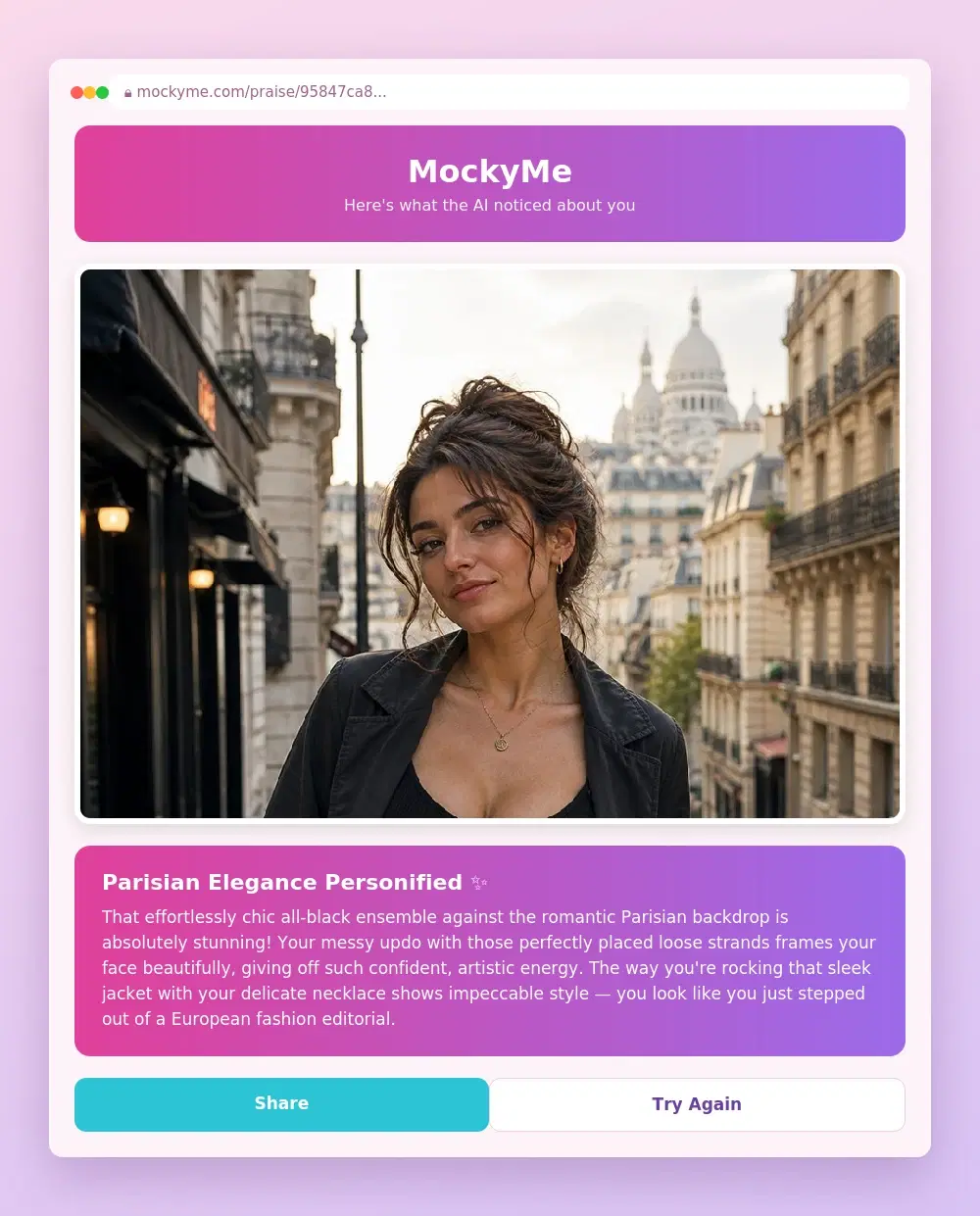 A MockyMe praise result at its own shareable link: the uploaded photo above a compliment headed “Parisian Elegance Personified”, which picks out the all-black outfit, the messy updo and the necklace rather than paying a generic compliment.