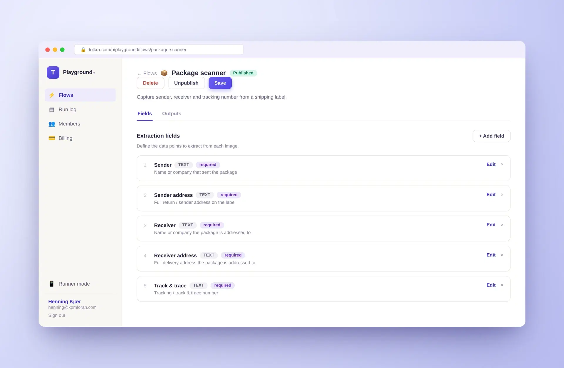 The Tolkra flow builder for a package scanner, listing five required text fields — sender, sender address, receiver, receiver address and track & trace — each with a plain-language description of what to extract.