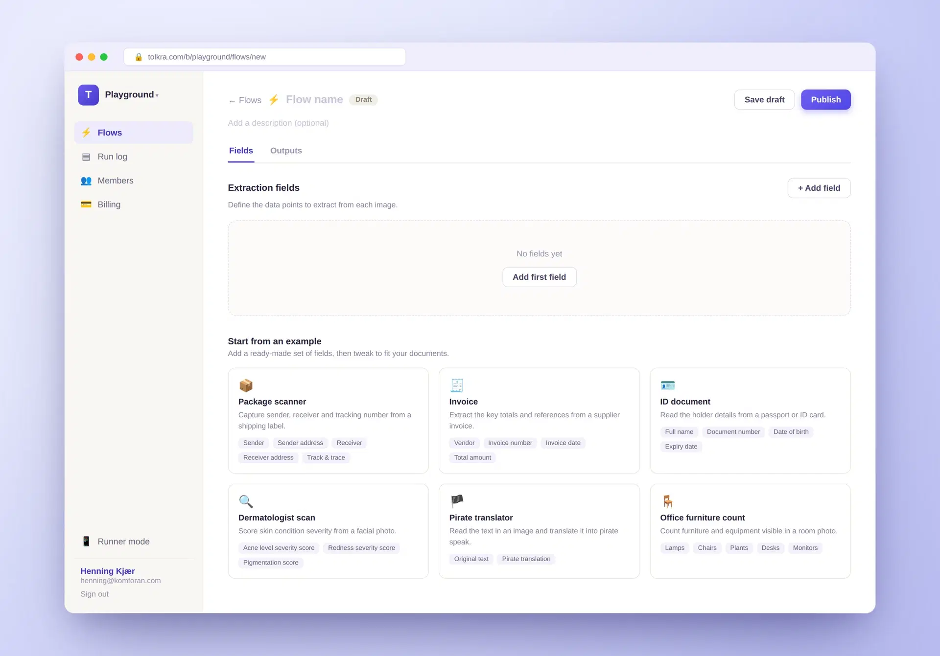 Tolkra’s new-flow screen offering six ready-made templates: package scanner, invoice, ID document, dermatologist scan, pirate translator and office furniture count, each showing the fields it would add.